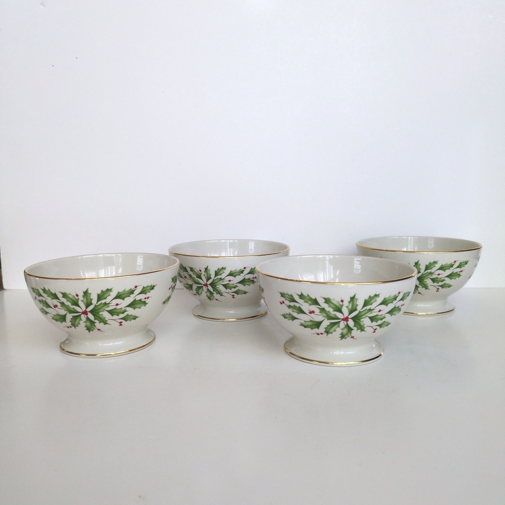 Lenox Holiday Dimension Footed Bowls Set Gold Trim Holly Berry Christmas + Box